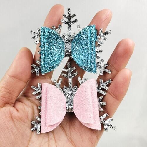6pcs/lot Shiny Glitter Bowknot with snowflake Patchess Appliques For DIY Handmade Childrens Hair Clip Accessories