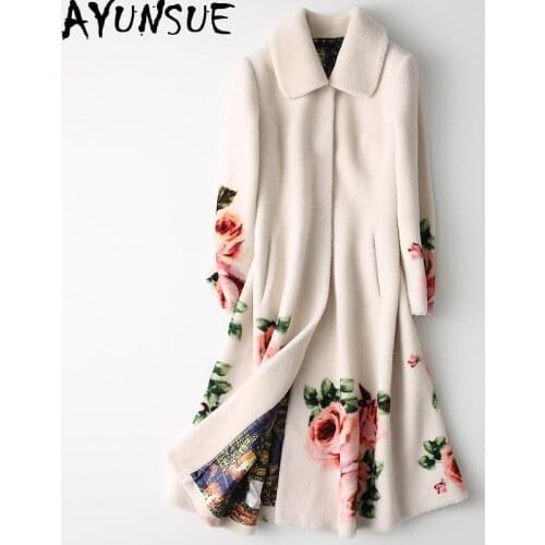 AYUNSUE Real Fur Coat Winter Jacket Women 100% Wool Coat Female Sheep Shearling Print Korean Long Jackets Manteau Femme MY4211