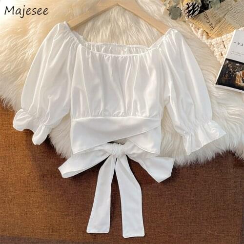 Blouses Women Summer Sexy Navel All-match White French Super-short Sweet Hot Flare Sleeve Bow Tunic Fashion Streetwear Aesthetic