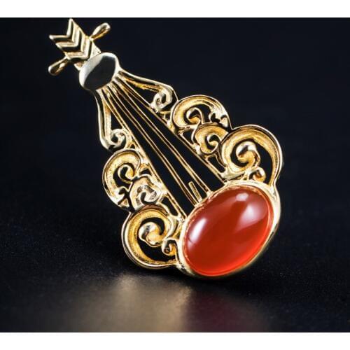 925 Sterling Silver Brooch Agate Lute Gold Plated Pins Women Chinese Traditional Musical Instrument Brooches Luxury Jewelry