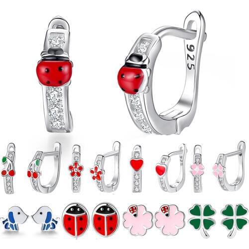ELESHE Lovely Flower Clover Heart Ladybug Dog Stud Earrings 925 Sterling Silver Enamel Crystal Kids Earrings for Girls Children