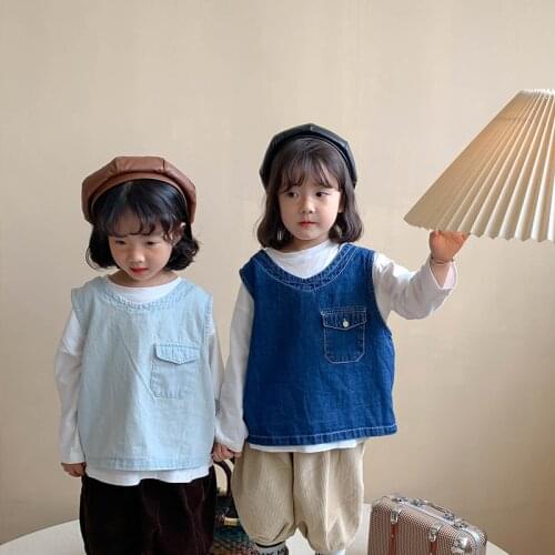 Kids Clothing Baby Girls Boys Korean Denim Vests Spring Autumn Toddler Casual V Neck Solid Denim Waistcoats Children Vest Coats