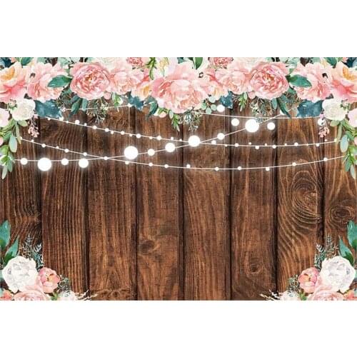 Wood Banner Birthday Bridal Baby Shower Wedding Party Backdrop Wood Floor Lights Floral Flowers Frame Photo Studio Backgrounds