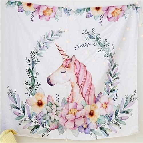 Unicorn Tapestry Watercolor Print Wall Hanging for Girl Flower Life Wall Carpet New Year Decoration