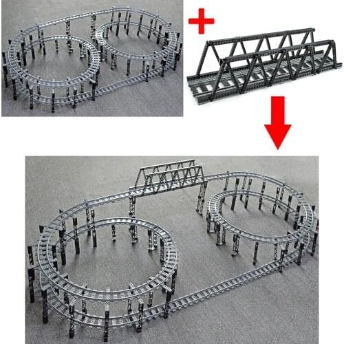 City Train Tracks DIY Bricks Uphill track Straight Curved track Pillars City Viaduct for Train Bridge with Rails Building Blocks