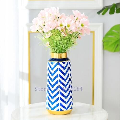 Ceramic Vase Blue Geometry Stripe Flower Vase Flower Arrangement Hydroponic Accessories Modern Home Decoration Accessories