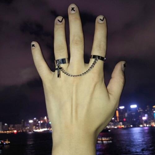 2021 Retro Punk Hip Hop Cross Ring Finger Chain Adjustable Two Link Ring Jewelry Gift Mens Womens Goth Simple Jewelry Rings