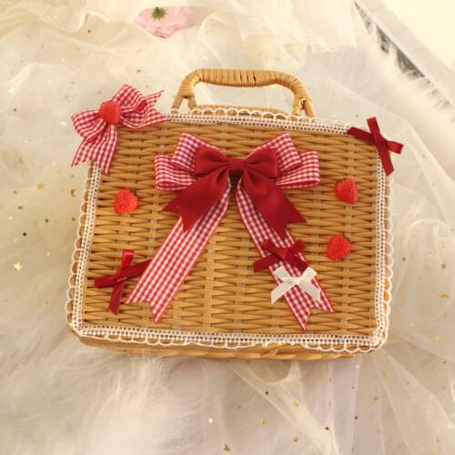 Rural style Cute Handmade Womens Rattan Box Case Plaid Bow Strawberries Trim Handbag Bow Lolita Mori Girl Kawaii