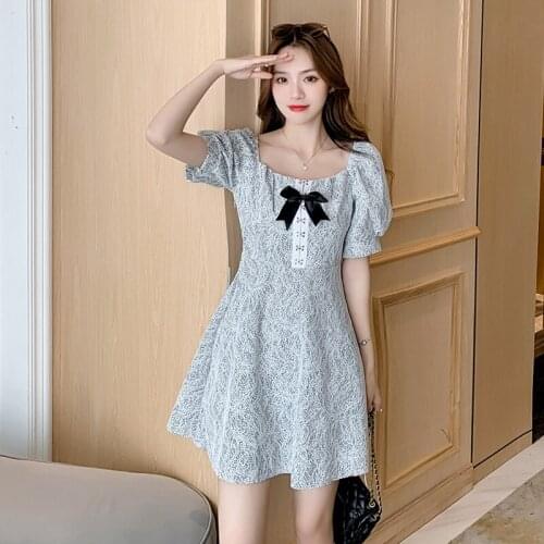 Mini Dress Womens Summer French Printed Square Neck Bow Puff Sleeves Dress High Waist Fashion Pullover Short Dress Vestidos