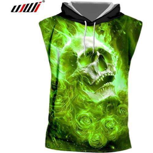 UJWI Mens Hooded Sleeveless Tshirts Cool Print Green Flame Skull Homme Bodybuilding Fitness Undershirts Quick Dry Beach Hoodie