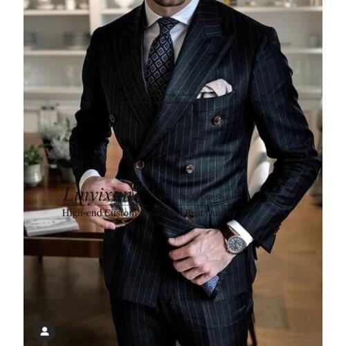 Black Stripe Slim Fit Men Suit Double Breasted Blazer Latest Coat Pant Designs 2 Piece Tuxedo Custom Groom Prom Suits Ternos