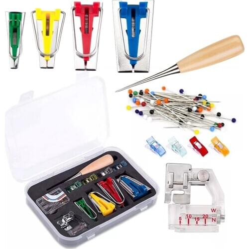 LMDZ Fabric Bias Binding Tape Maker Kit Binder Foot Wooden Awl Clips Pins Household DIY Sewing AccessoriesTool Set