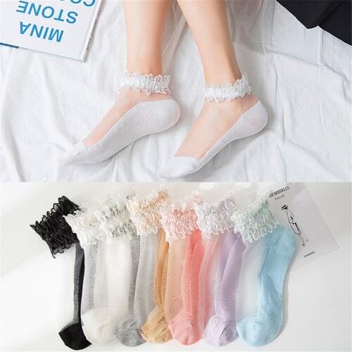 NEW Flowers Lace Ladies Sheer Socks Transparent Thin Crystal Silk Elastic Cotton Sole Elegant Women Ankle Socks Girls Hosiery