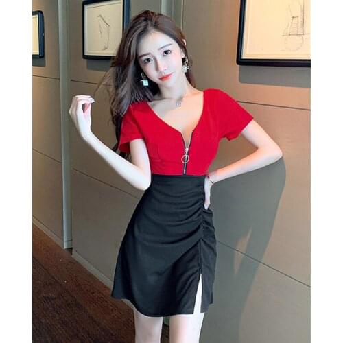 Real shot 2021 new fashion sexy front zipper low-cut short-sleeved split hip dress