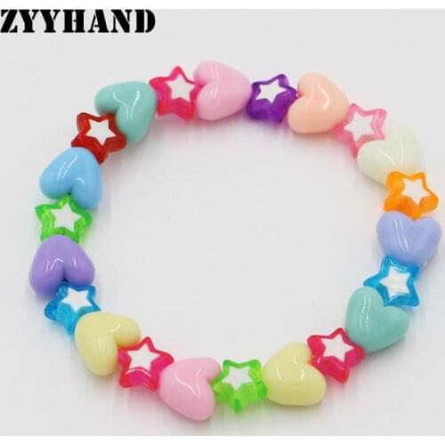 Multi Color Plastic Heart Beads Women Bracelet Girl Star Spring Rainbow Cute Romanti Lady Casual Wrist Jewelry