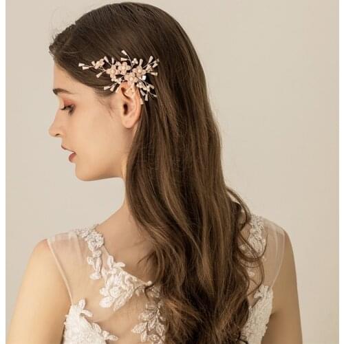 Pink Flower Bridal Hair Clip Pins Crystal Wedding Headpiece Handmade Hair Ornament For Women Party Prom