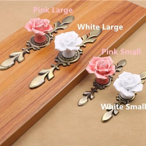Pink White Rose Flower Ceramic Alloy Door Handles For Furniture Hardware Kitchen Cupboard Closet Drawer Knobs Single Hole