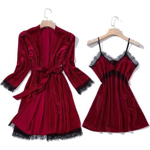 Shetelisi New Arrivals Women Lace Velvet Robe & Nightgown Set Autumn & Winter 1 Sexy Nightgown and 1 Lace Bathrobe sp0144