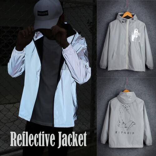Cute Cat Reflective Sports Jacket Men Women Loose Thin Hooded Sportswear Coat Zipper Long Sleeve Trench Overwear Run Outer Tops