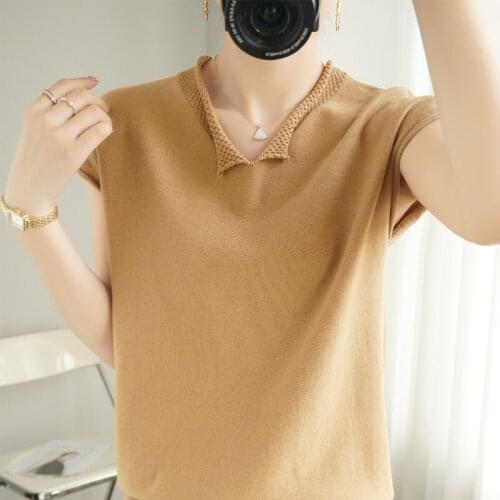 Zocept Summer Womens Short Sleeve Sweater Tops Loose Hem V-Neck Pure Cotton Tees Solid Thin Short-Sleeved Pullover T-Shirt