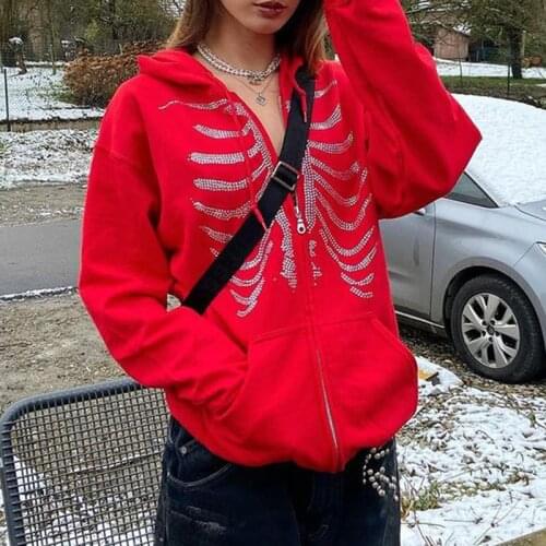 Y2k rhinestone goth skull Zip-up hoodie streetwear 90s vintage graphic print loose punk E-girl sweatshirt Harajuku red outerwear