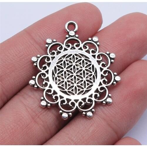 Tristana 8pcs 30x35mm Antique Silver Color Round Carved Flower Of Life Charms Pendant For Jewelry Making DIY Jewelry Findings