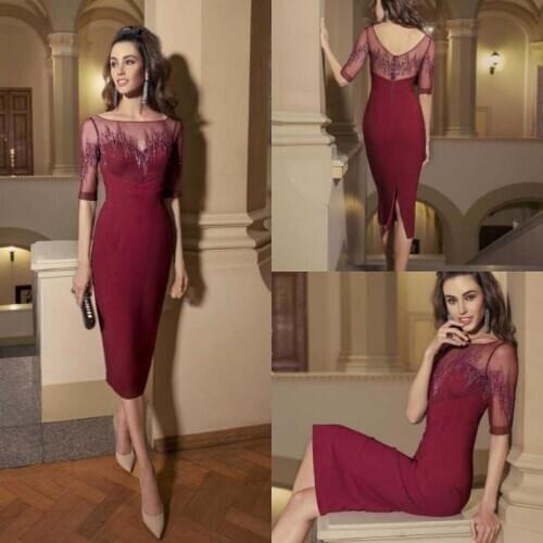 2020 Evening Dresses Scoop Neck Half Sleeves Lace Satin Special Occasion Gowns Custom Made Backless Tea-Length Prom Dress