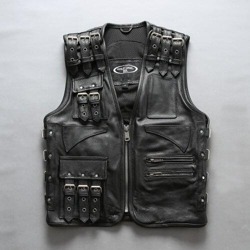 Vintage Style Male Adjustable Vests Genuine Leather Motorcycle Vest Thick Cowhide Leather Sleeveless Jackets DHL Free Shipping