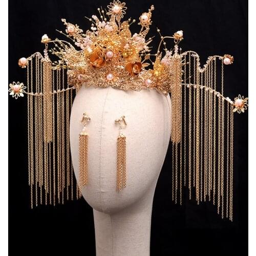 XinHuaEase Xiuhe Headdress New Chinese Bridal Hair Set Tassels Phoenix Crown Ancient Style Wedding Hanfu Accessories Golden