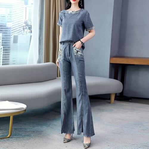 Two Piece Set Vintage Denim ShortSleeve T-shirt Women Spring Summer 2021 Womens Sets Jeans Flare Pants Lady Suit
