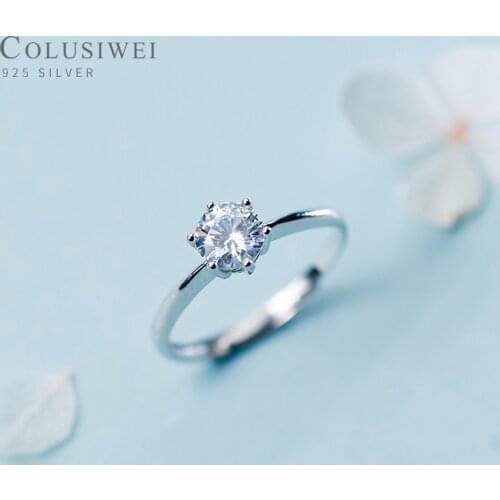 Coluswei Real 925 Sterling Silver Open Finger Rings for Women Fashion 6 Claws Sparkling CZ Wedding Engagement Band Fine Jewelry