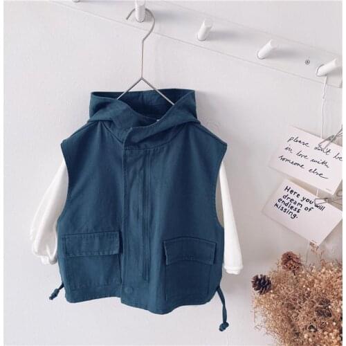 Boys' Vest Autumn 2021 New Solid Color O-Neck Sleeveless Hooded Casual Vest Childrens Literary Style Korean Top