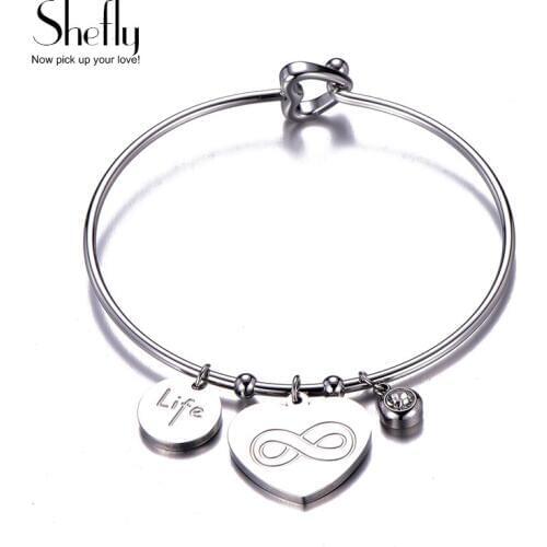 60mm Stainless Steel Love Heart Crystal Charm Bracelet & Bangle For Women Bangles Mothers Day Birthday Gifts Bohemia Jewelry