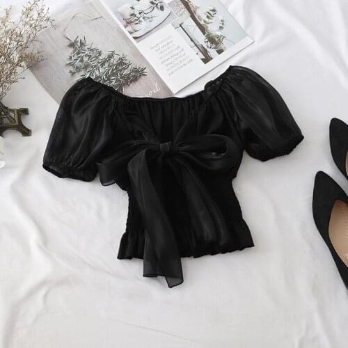 Abrini 2021 Summer Tops Bowknot Chiffon Shirt Slash Shoulder Transparent Mesh Sleeve Solid Tops V-neck Sexy Fashion Tops Women
