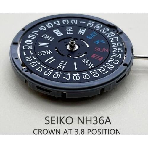 SEIKO Black Automatic Movement NH36/NH36A Self-winding Mechanical Date/Day Setting 24 Jewels Crown at 3.8 Watch Replacements