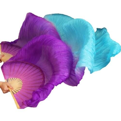 2017 Newest Handmade Bamboo Ribs Dance Props Silk Belly Dancing Fans Natural Silk 1 Pc Left hand+Right hand Purple+Turquoise
