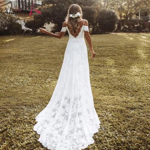 White/Ivory Lace Wedding Dress 2021 Sexy Spaghetti Strap Boho Wedding Dress Split Boho Wedding Gown Bridal Dress