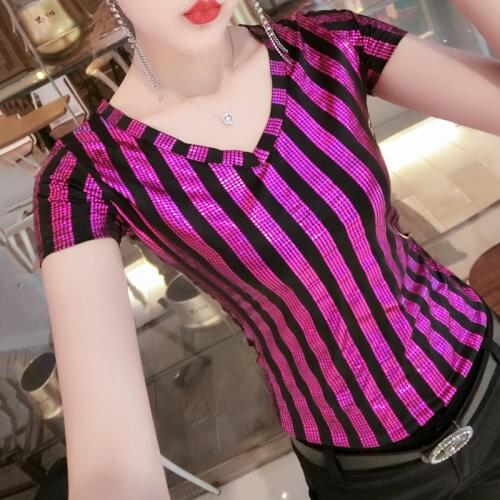 2020 summer european clothes female t-shirts fashion print striped women v-neck tops bright bronzing bodycon t shirt women tee