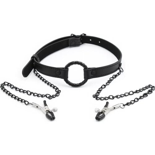 Black Leather Sex Open Mouth Gag Nipple Clamps With Chain Bondage Bdsm Set Sex Toys For Couples Adult Games Sex Tool