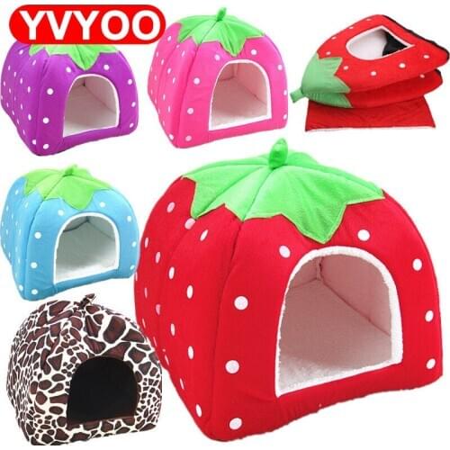 Pet Cat House Foldable Soft Winter Leopard DOG Bed Strawberry Cave Dog House Cute Kennel Nest Dog Fleece Cat Bed