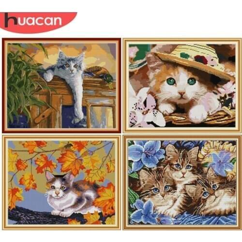 HUACAN Flower Cat Cross Stitch Sets White Canvas Needlework Handicrafts Cross Stitch Kits Embroidery Animal 14CT 11CT