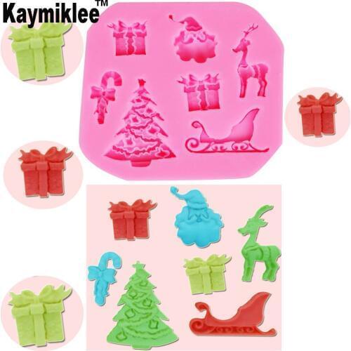 Kaymiklee M115 Christmas Theme Santa Deer Tree Gift Sled Silicone Mold For Sugar Craft Fondant Cake Decoration Clay DIY Tools