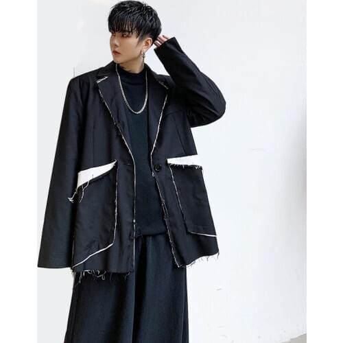 2019 Men Vintage Japan Streetwear Punk Gothic Hip Hop Loose Casual Blazer Jacket Male Slit Splice Suit Coat Outerwear