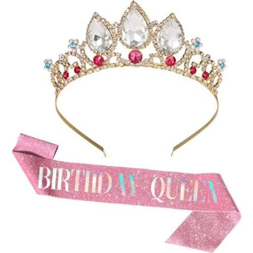 Birthday Queen Sash & Rhinestone Tiara Kit Women Crown Hair Accessories Female Glitter Color Belt