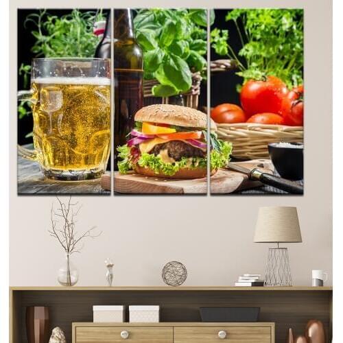 Wall Pictures beer hamburger tomato vegetables Food Wall Art canvas painting Poster restaurant Kitchen Living Room Home Decor