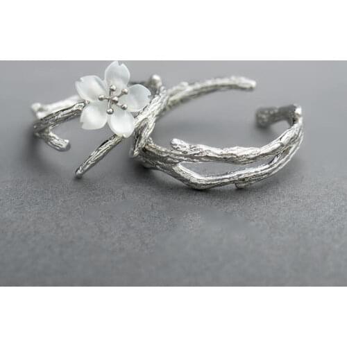 New silver original design snow cherry blossom couple opening adjustable ring frosty wind Korean wave jewelry