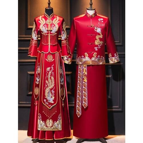 Chinese Style Couple Cheongsam Traditional Phoenix Embroidery Qipao Oriental Wedding Dress Robe Vestido Plus Size S-2XL