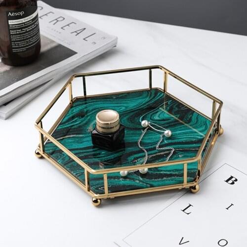 European-style Green Agate Glass Tray Hexagonal Hollow Rack Teacup Jewelry Cosmetics Luxury Storage Fruit Snack Tray Home Decor