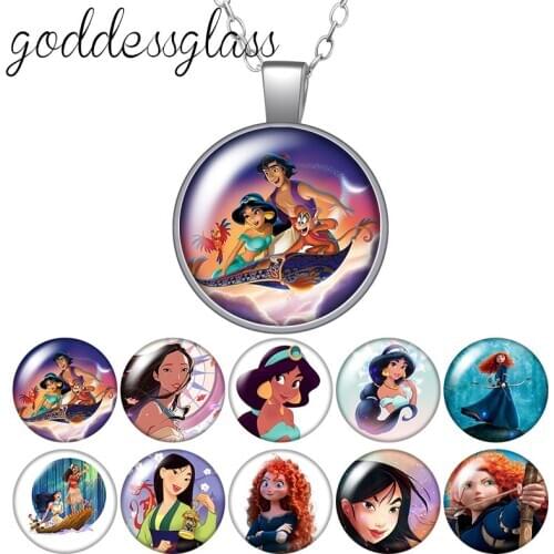 Princesses jasmine merida Mulan pochahontas Girls Gift Glass glass cabochon silver plated/Crystal pendant necklace jewelry