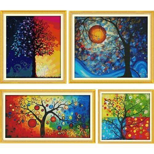 Joy Sunday Colour Life Tree Embroidery Stamped Cross Stitch Kits Counted 11CT 14CT Printed Home Decor Handmade Needlework Sets